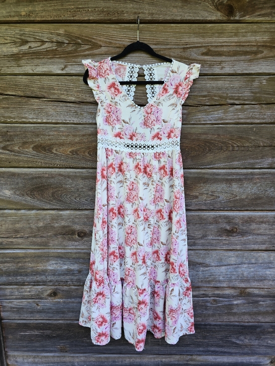 SHEIN Dresses & Skirts - Shein Floral Lace Trim Midi Dress Size M Pink Boho Cottagecore
